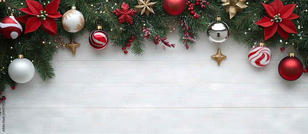 Poster xmas decoration garland frame concept background top view with copy space on a white wooden surface 