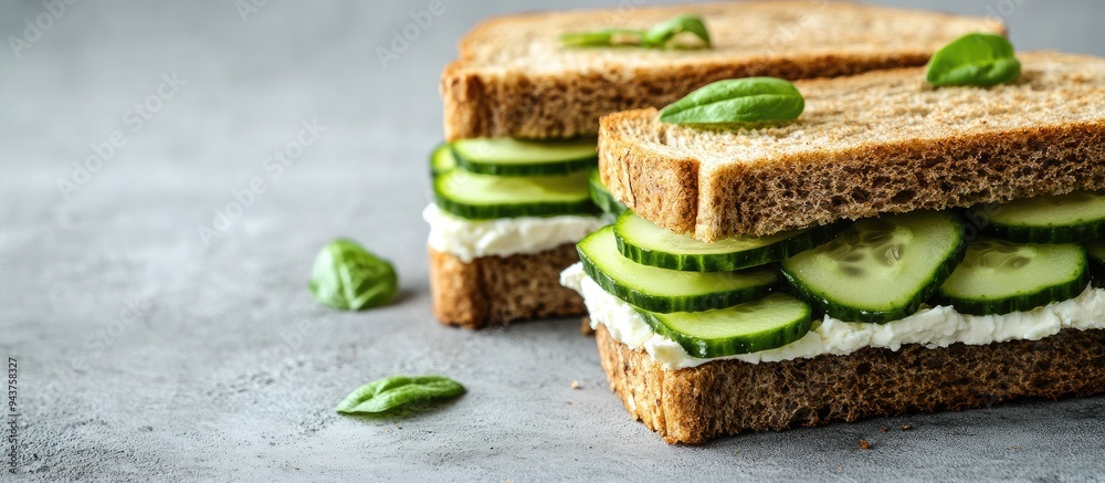 Aufkleber close up of cucumber sandwiches with soft cheese perfect for a delicious healthy vegetarian breakfas