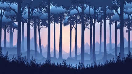 Misty Forest Silhouette at Sunrise -  Blue and Pink Hues
