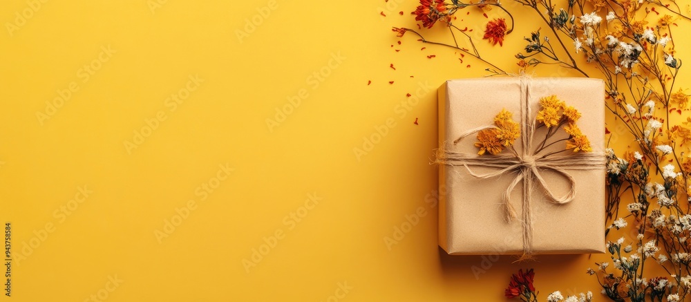 Poster handcrafted gift box wrapped in craft paper and adorned with dried flowers set against a yellow back