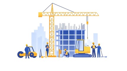 Vector illustration of a group of people working on a construction site, building a stairway and a modern yellow backhoe truck with a white background, in a flat design style with simple shapes