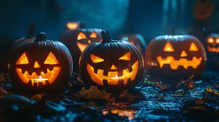 Obraz premium A group of carved pumpkins with different faces, illuminated by candlelight in a dark setting