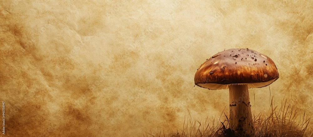 Poster textured vintage paper background featuring a boletus edulis mushroom. with copy space image. place 