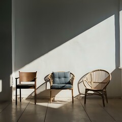 Fototapeta premium Trio of Solitude: Chairs Against a Bare Wall