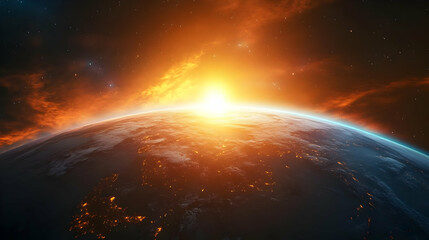 Obraz premium A stunning view of Earth from space with the sun rising over the horizon, casting a warm glow on the planet's surface.