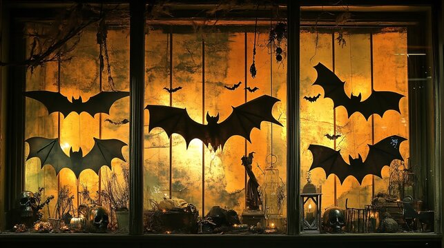 A Halloween window display featuring bat-shaped silhouettes and other spooky decorations