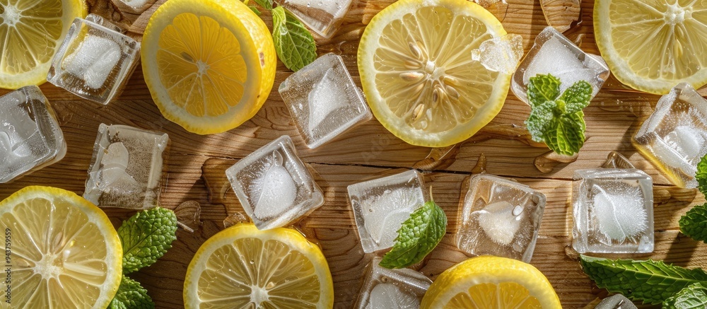 Leinwandbilder Fresh lemons mint leaves and ice cubes placed on a wooden surface. with copy space image. Place for adding text or design