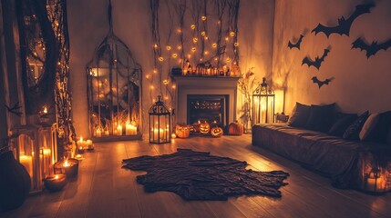 A Halloween-themed room with bat-shaped lanterns and spooky decorations creating a haunted vibe