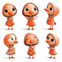 Fototapeta premium A cute animated character resembling a bird in various poses and expressions.