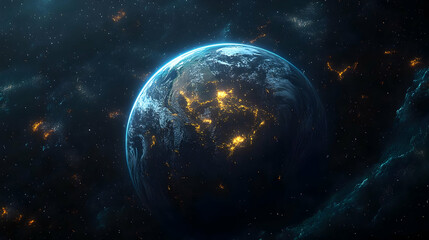 Obraz premium A stunning view of Earth from space, showcasing city lights and a glowing atmosphere against a starry backdrop.
