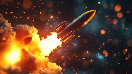 3D Render of Rocket Launching from Laptop