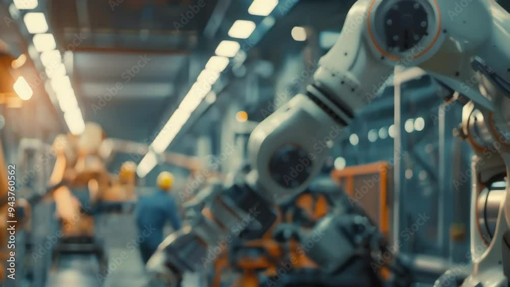 Poster Close-up of a robotic arm in a modern industrial factory setting, highlighting advanced automation and engineering technology. Concept of industrial robotics 