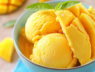Scoops of mango ice cream with fresh fruit pieces in a bowl.