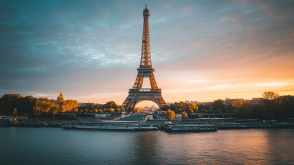 Eiffel Tower at sunset over the Seine River in Paris with vibrant sky and autumn trees reflecting golden light