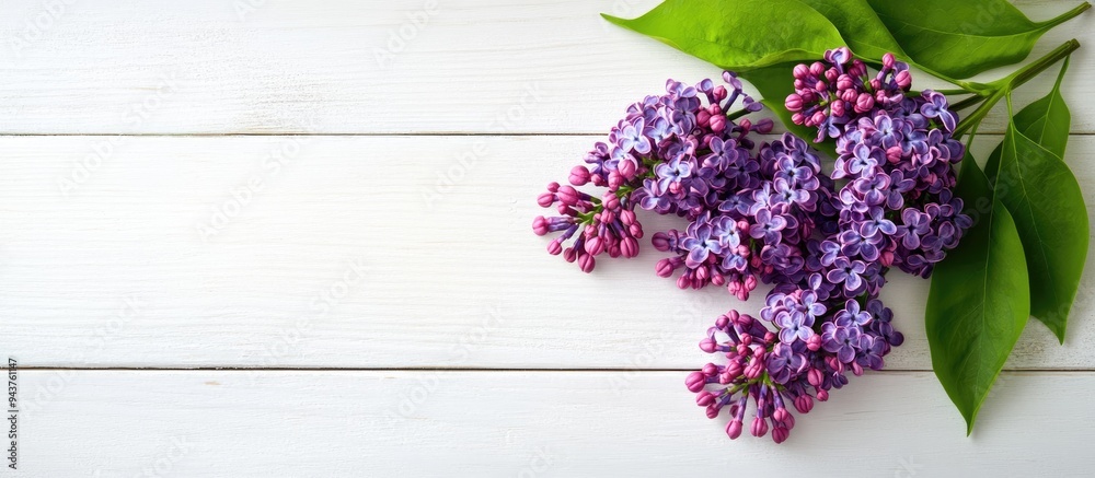 Poster A lovely vibrant lilac resting on a white wooden table Top view close up. with copy space image. Place for adding text or design