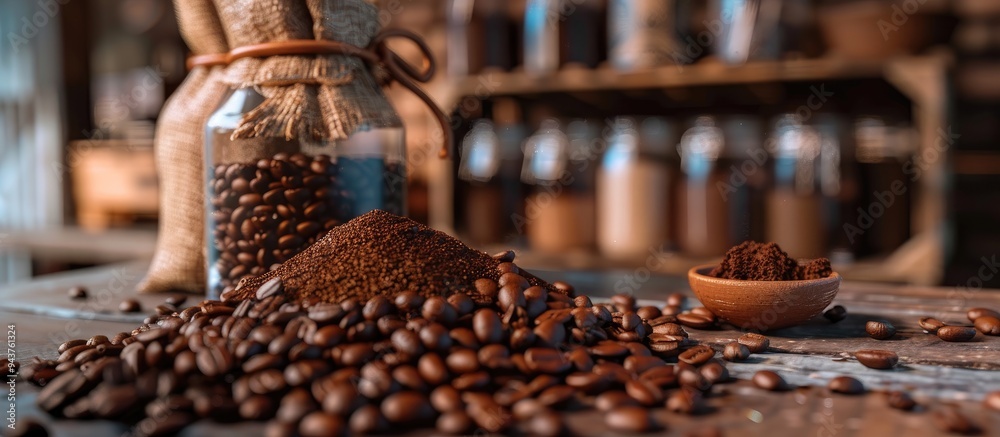 Poster raised perspective of a coffee mill with ground coffee atop coffee beans. with copy space image. pla
