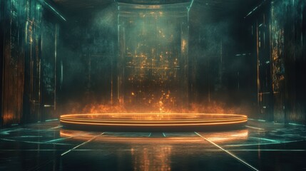 Futuristic Neon Glow Stage with Smoke and Abstract Lights 3D Render.