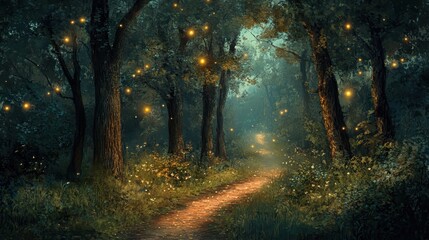 Magical Forest Path with Glowing Fireflies at Dusk.