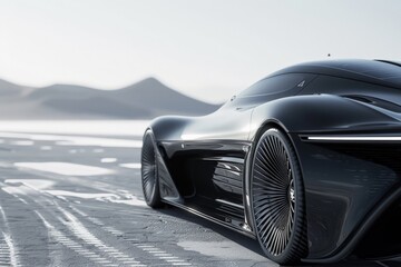 Naklejka premium Sleek black car designed for futuristic landscapes, showcasing cutting-edge technology and aerodynamic features.