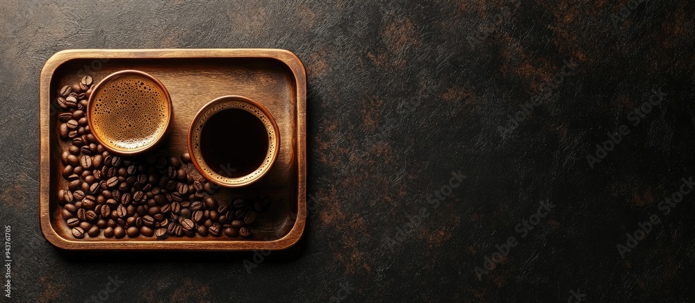 Leinwandbilder coffee on a wooden tray accompanied by coffee beans on a dark textured backdrop top view with copysp