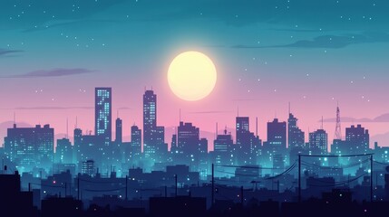 Silhouette of a City Skyline with a Full Moon and Stars at Dusk - Vector Illustration.
