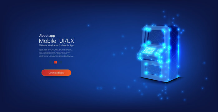 A futuristic, glowing blue digital vending machine rendered in a wireframe design. This vector illustration captures a modern and tech-driven approach to automated sales systems.