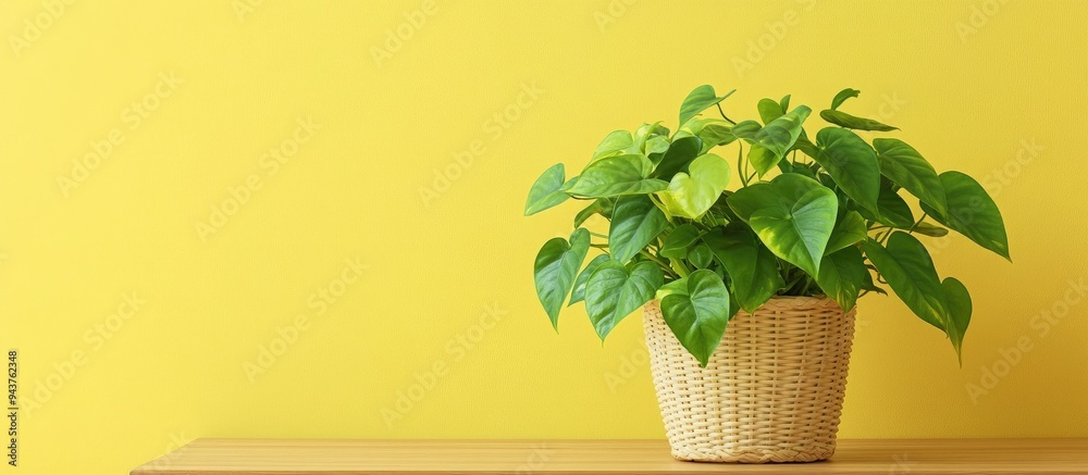 Poster neon green epipremnum aureum lemon lime houseplant in a basket flower pot on a table in the living r