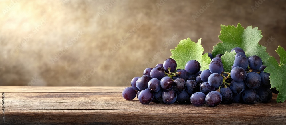 Aufkleber bunches of black grapes on a wooden table with a rustic look copy space