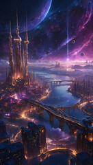 A breathtaking illustration of a floating city in the clouds, with elegant, spiraling towers and glowing lights, all under a sky filled with stars, nebulae, and distant planets