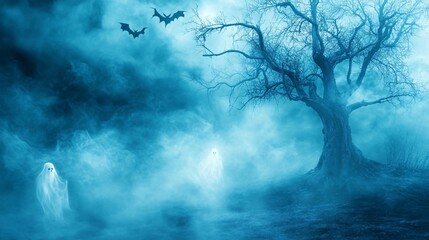 A spooky Halloween setting with a haunted tree and ghostly apparitions drifting through the fog