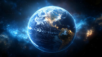 Naklejka premium A stunning view of Earth from space, showing the continents, oceans, and city lights.