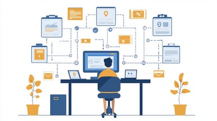 Illustration of remote work concept with various digital devices connected