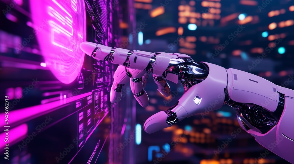 Wall mural stock futuristic design concept when an index finger is pressed on a button. virtual holographic int