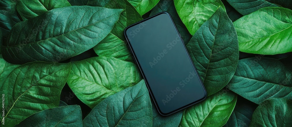 Poster A blank phone on a green leaf is ideal for presentations. with copy space image. Place for adding text or design