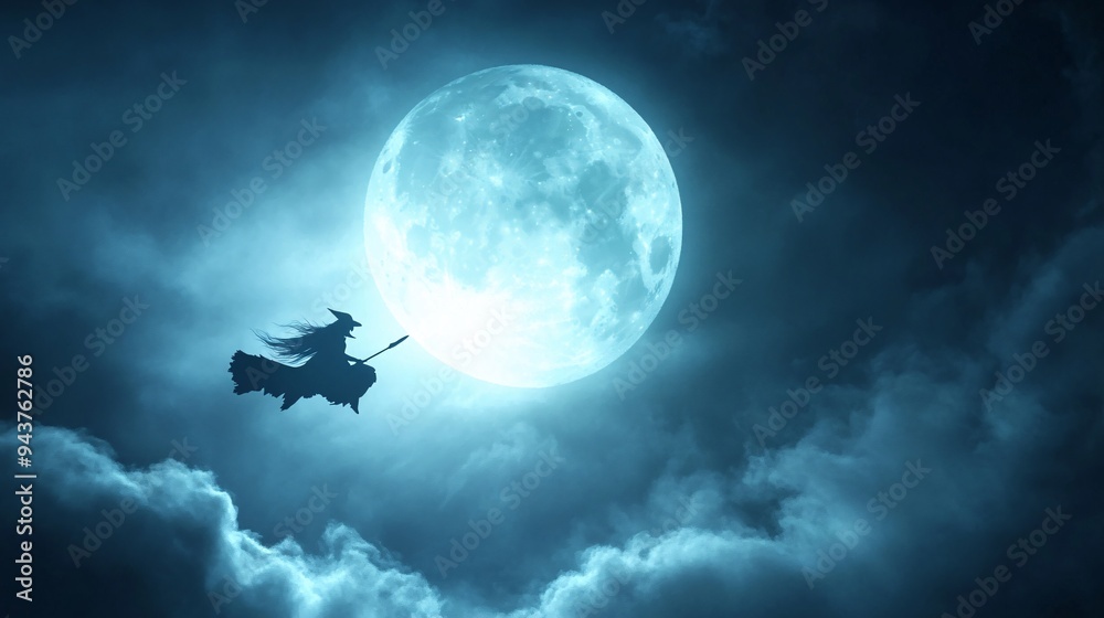 Wall mural an atmospheric halloween background with a silhouette of a witch flying against a full moon and a da