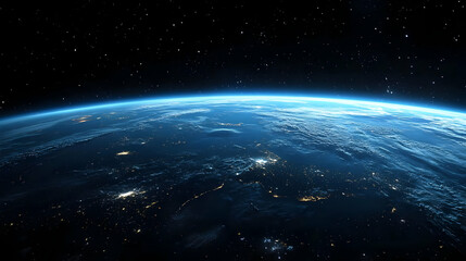 A stunning view of Earth from space, showing the planet's blue oceans, white clouds, and twinkling city lights.