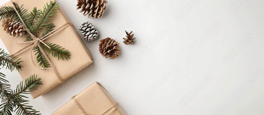Poster an eco paper gift box a christmas cone and a letter against a white background. with copy space imag