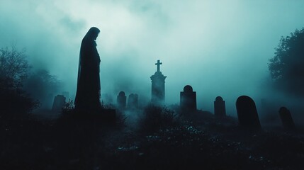 A dark, misty graveyard scene with silhouetted tombstones and floating ghostly figures