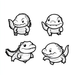 Obraz premium Four cute cartoon dinosaurs in playful poses, designed for children's illustrations.