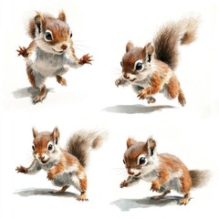 Obraz premium Four playful squirrels depicted in dynamic poses.