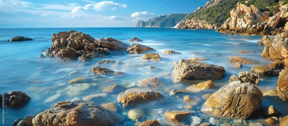 Poster Two large boulders in shallow blue ocean water long exposure image. with copy space image. Place for adding text or design