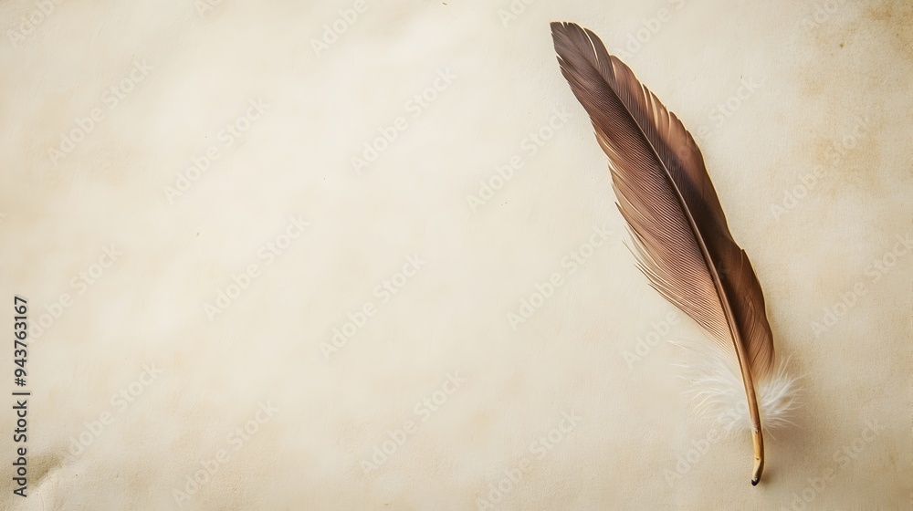 Poster a delicate solitary bird feather resting on a clean blank background creating a simple minimalist co