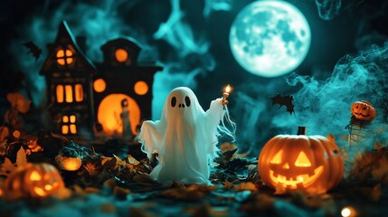 An atmospheric Halloween setting with a full moon, ghostly figures, and scattered Halloween props