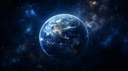 A stunning view of Earth from space, surrounded by a vast expanse of stars and galaxies.