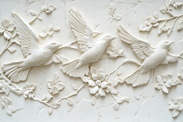 Three ornate stucco panels make up this ornate white wall