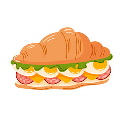 Vibrant illustration of a croissant sandwich filled with lettuce, eggs, cheese, and salami in cartoon. Bakery for breakfast, brunch, or a quick snack. Vector illustration on a white background.