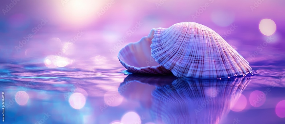 Aufkleber seashell on a shimmering purple blue reflective surface. with copy space image. Place for adding text or design