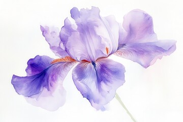 Watercolor Painting of a Purple Iris Flower on White Background.
