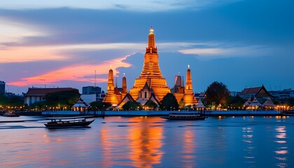 A stunning view of Wat Arun in Bangkok at sunset