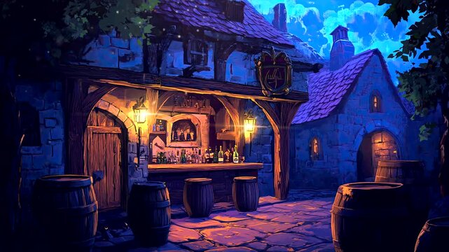 Charming medieval street-side tavern under a starry sky with warm lantern light. Historical fantasy animation background.